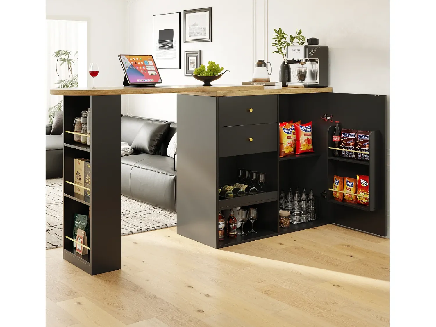 Móvel De Bar|Hauss Spole Móvel bar giratório com 2 gavetas, 1 porta e 2 nichos, corpo com tampo em folheado de madeira - 138x39x104cm Preto
