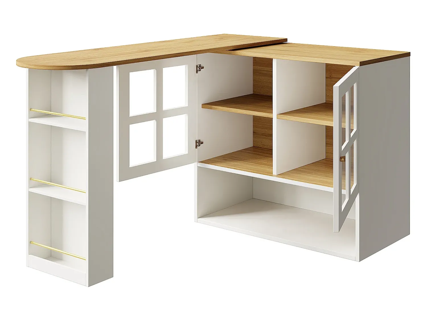 Móvel De Bar*Hauss Spole Móvel bar giratório com 2 portas de vidro e 1 nicho, corpo , tampo em folheado de madeira - 204x39x102,5cm Branco