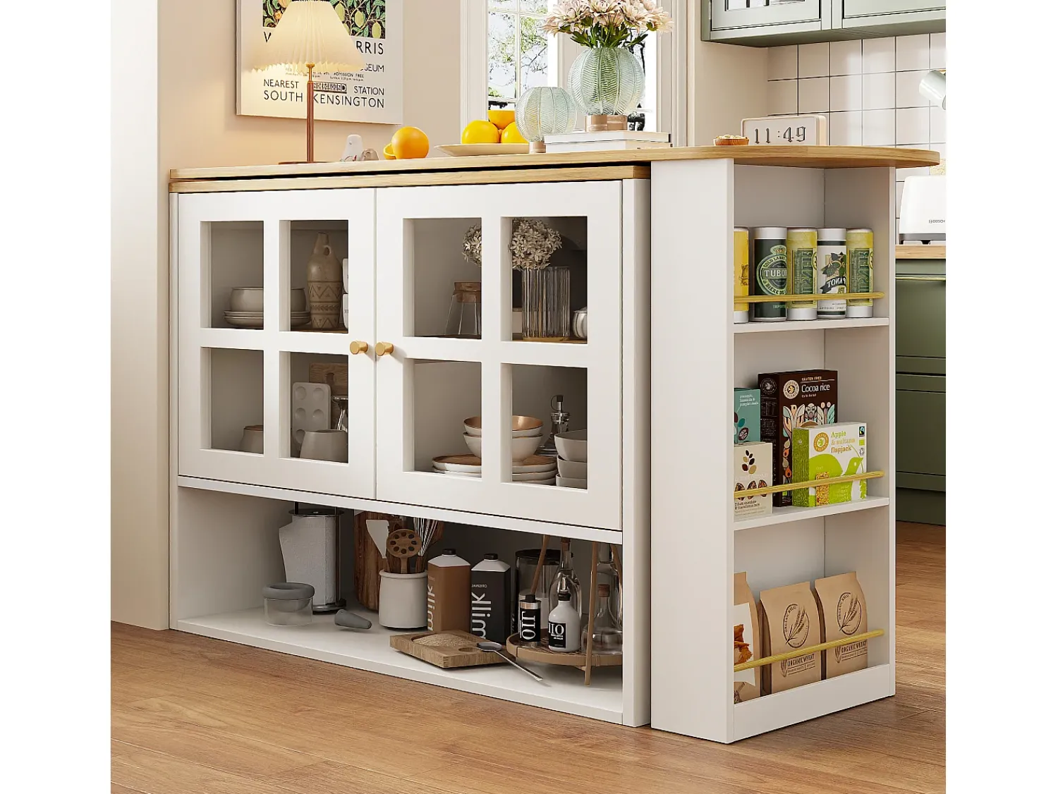 Móvel De Bar*Hauss Spole Móvel bar giratório com 2 portas de vidro e 1 nicho, corpo , tampo em folheado de madeira - 204x39x102,5cm Branco