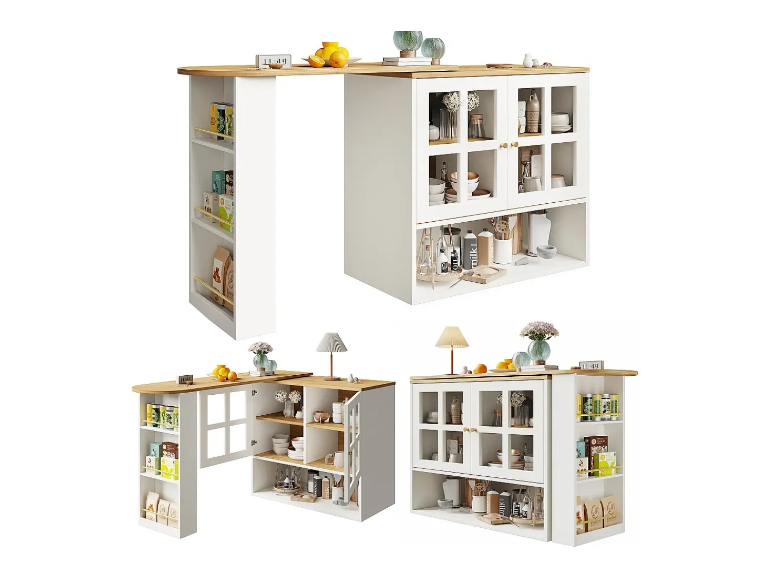 Móvel De Bar*Hauss Spole Móvel bar giratório com 2 portas de vidro e 1 nicho, corpo , tampo em folheado de madeira - 204x39x102,5cm Branco