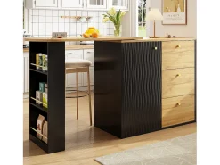 Discount Hauss Spole Móvel bar giratório com 1 porta e 3 gavetas, prateleira lateral de três níveis incluída, e natural claro - 204x39x104cm Preto