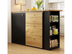 Discount Hauss Spole Móvel bar giratório com 1 porta e 3 gavetas, prateleira lateral de três níveis incluída, e natural claro - 204x39x104cm Preto
