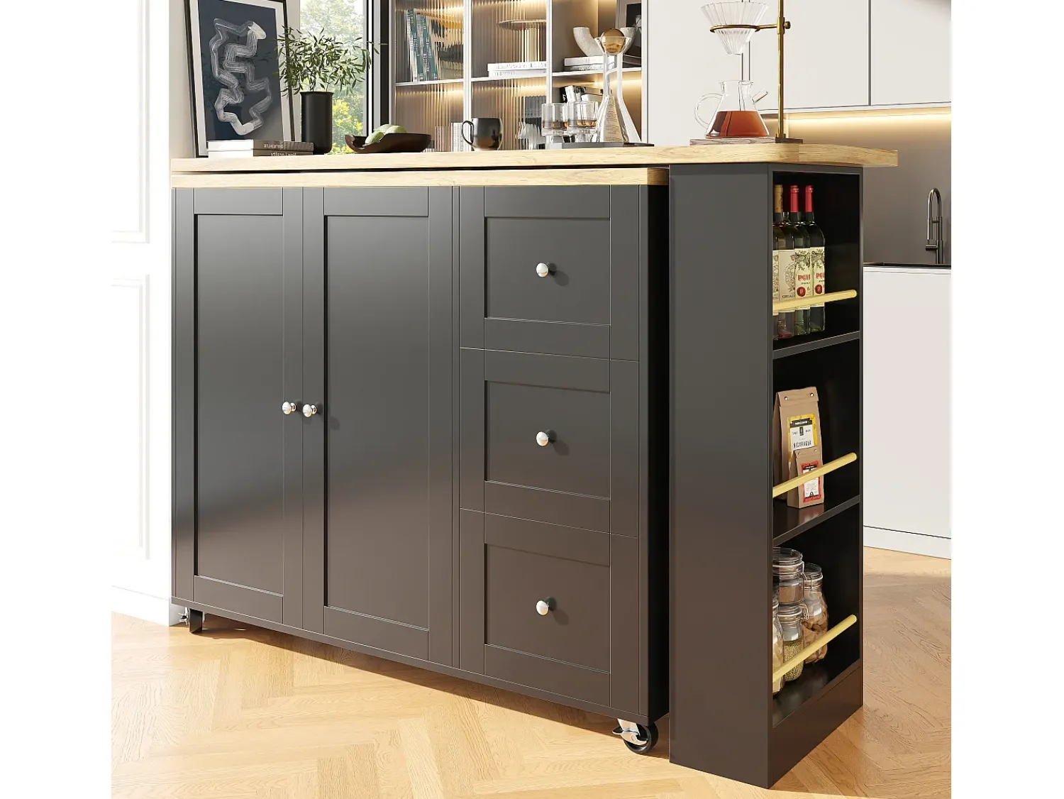 Móvel De Bar*Hauss Spole Móvel bar giratório com rodízios, 2 portas, 3 gavetas e prateleiras, tampo em folheado de madeira natural clara, corpo - 209x39x106cm Preto