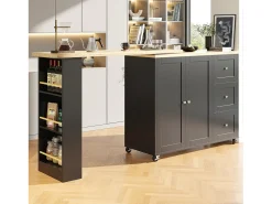 Móvel De Bar*Hauss Spole Móvel bar giratório com rodízios, 2 portas, 3 gavetas e prateleiras, tampo em folheado de madeira natural clara, corpo - 209x39x106cm Preto