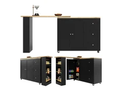Móvel De Bar*Hauss Spole Móvel bar giratório com rodízios, 2 portas, 3 gavetas e prateleiras, tampo em folheado de madeira natural clara, corpo - 209x39x106cm Preto