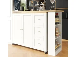 Móvel De Bar|Hauss Spole Móvel bar giratório com rodízios, 2 portas, 3 gavetas e prateleiras, tampo em folheado de madeira natural clara, corpo - 209x39x106cm Branco
