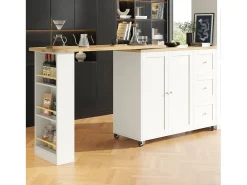 Móvel De Bar|Hauss Spole Móvel bar giratório com rodízios, 2 portas, 3 gavetas e prateleiras, tampo em folheado de madeira natural clara, corpo - 209x39x106cm Branco