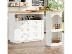 Móvel De Bar|ModernLuxe Móvel de bar de cozinha extensível - e rotação 360° - 203x39x90 cm - 6 gavetas - com prateleiras laterais - Branco