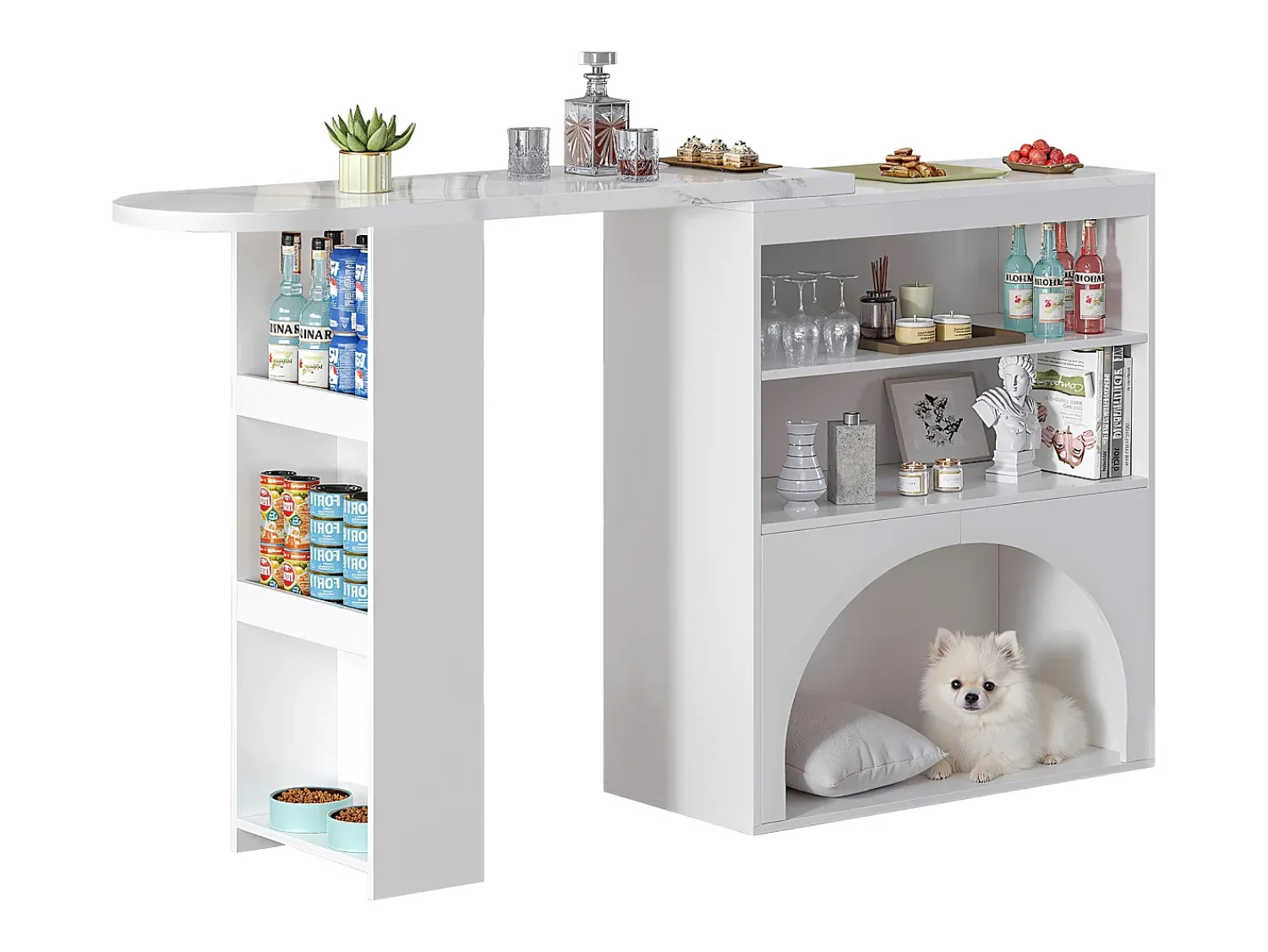 Online ModernLuxe Móvel de bar extensível 120 (+80)×40×100 cm - com espaço de descanso para animais - prateleiras abertas - Branco