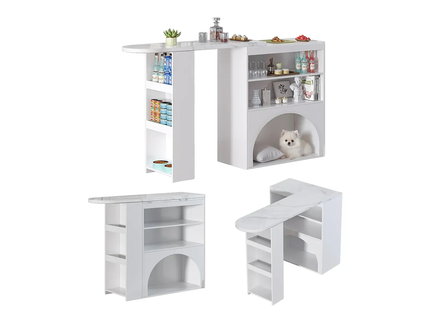 Online ModernLuxe Móvel de bar extensível 120 (+80)×40×100 cm - com espaço de descanso para animais - prateleiras abertas - Branco