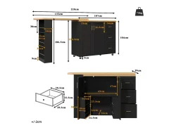 Móvel De Bar|ModernLuxe Móvel de bar extensível - pivotante - 228x39x104cm - con 2 portas e 3 gavetas - con prateleiras laterais - Preto