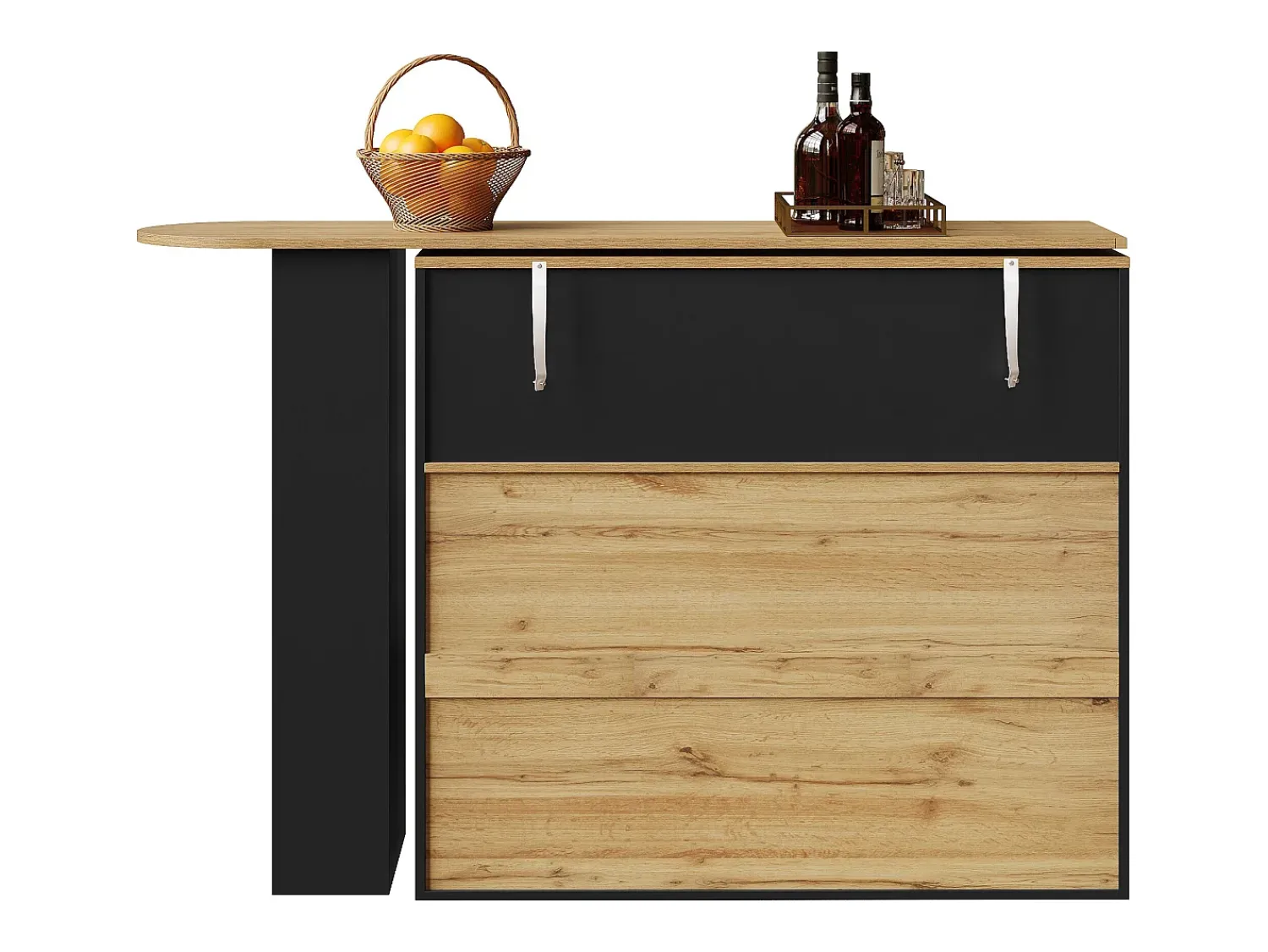 ModernLuxe Móvel de bar giratório 360° e retrátil - com 2 gavetas e 1 porta - prateleiras abertas - + natural Preto