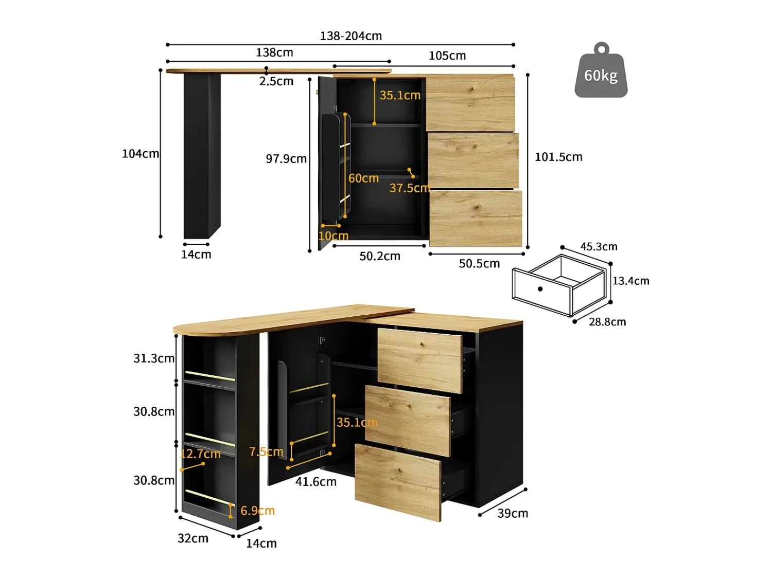 Móvel De Bar|ModernLuxe Móvel de bar giratório 360° e retrátil - com 3 gavetas e 1 porta - prateleiras abertas - + natural Preto