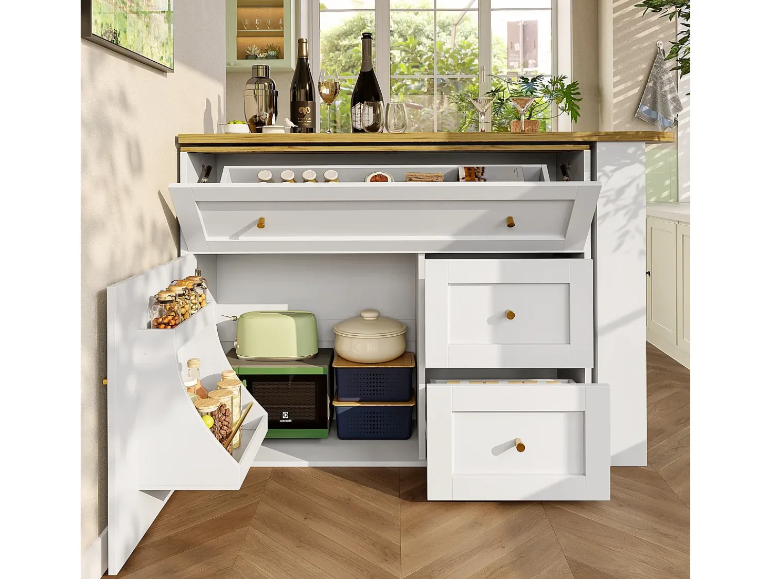 Móvel De Bar|ModernLuxe Móvel de bar giratório moderno 360° - 204×39×105 cm - 2 gavetas e 2 portas - com prateleiras laterais - mesa extensível - Branco
