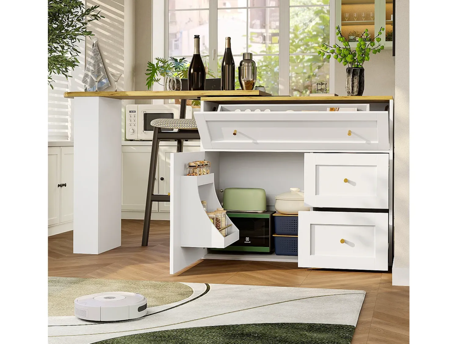 Móvel De Bar|ModernLuxe Móvel de bar giratório moderno 360° - 204×39×105 cm - 2 gavetas e 2 portas - com prateleiras laterais - mesa extensível - Branco