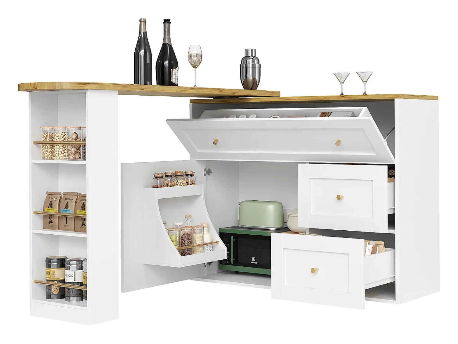 Móvel De Bar|ModernLuxe Móvel de bar giratório moderno 360° - 204×39×105 cm - 2 gavetas e 2 portas - com prateleiras laterais - mesa extensível - Branco
