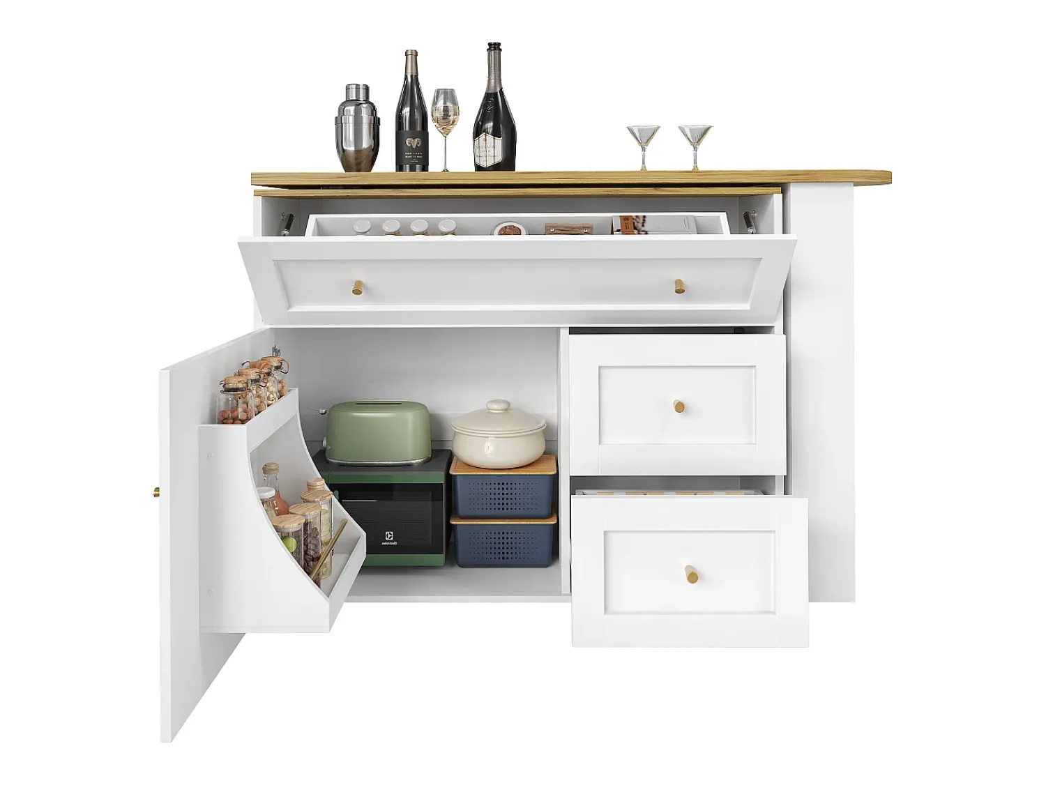 Móvel De Bar|ModernLuxe Móvel de bar giratório moderno 360° - 204×39×105 cm - 2 gavetas e 2 portas - com prateleiras laterais - mesa extensível - Branco