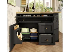 Móvel De Bar*ModernLuxe Móvel de bar giratório moderno 360° - 204×39×105 cm - 2 gavetas e 2 portas - com prateleiras laterais - mesa extensível - Preto