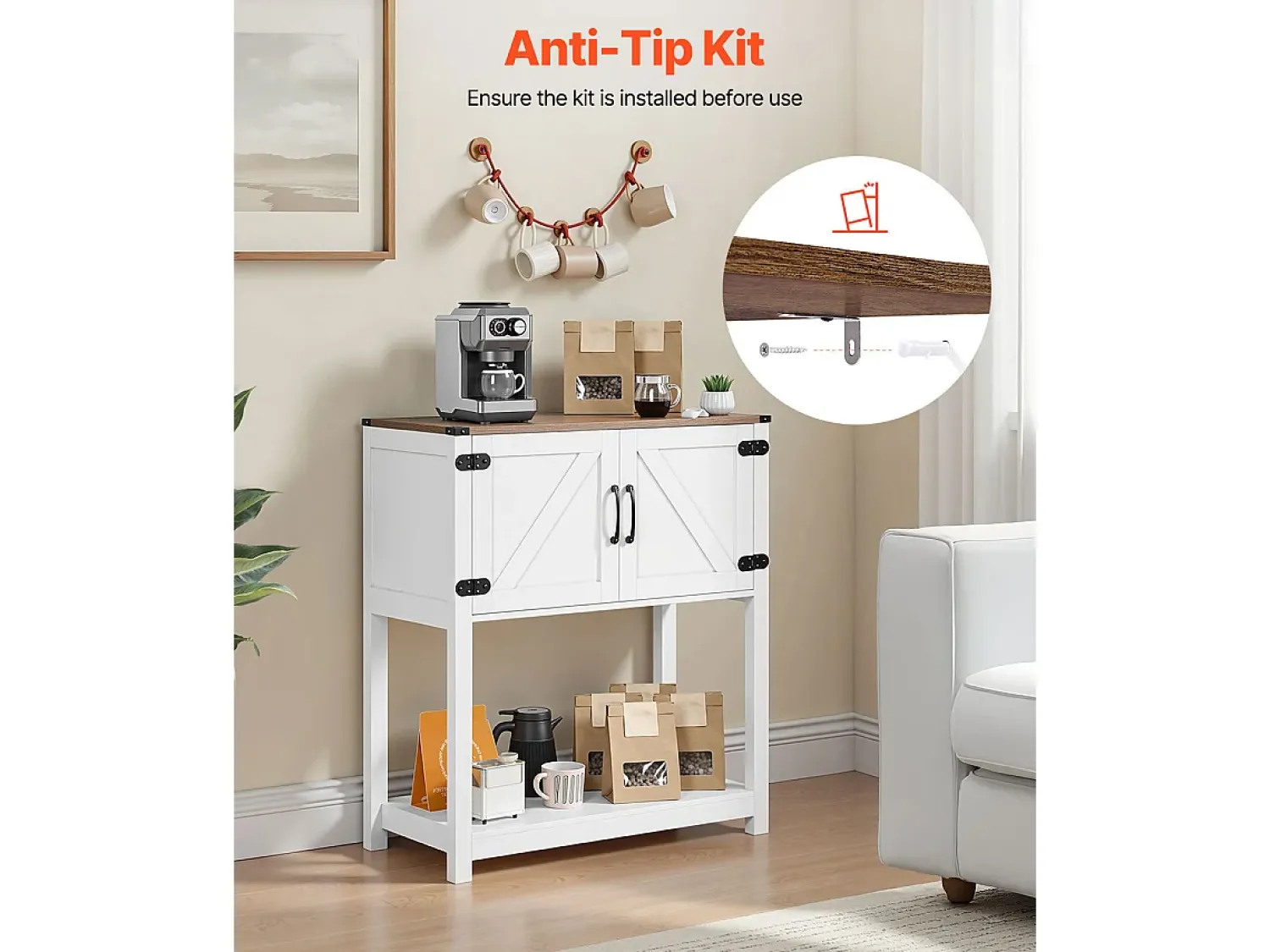 Móvel De Bar* Móvel de Bar para Café SucceBuy, 80 x 35 x 88 cm, 3 Níveis com Portas Magnéticas Branco