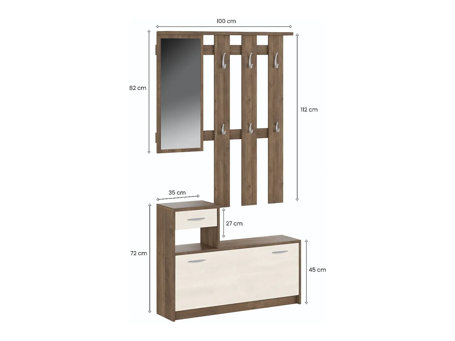 Móvel De Entrada|Dmora Móvel de entrada Dbiagin, Entrada moderna com espelho, Armário com sapateira, Armário multifuncional, 100x25h180 cm, Branco e Carvalho Castanho / Branco