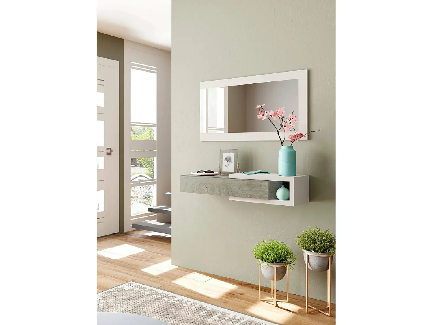 Dmora Móvel de entrada Dhasi, Entrada reversível com espelho, Móvel de hall com gaveta, Bandeja de bolso para apartamentos, 95x26h69 cm, e Carvalho^ Consola