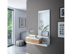 New Dmora Móvel de entrada Dmissor, Entrada com espelho e gaveta, Esvaziador de bolsos para hall de entrada de pequenos apartamentos, 81x29h116 cm, Carvalho e nodoso Branco