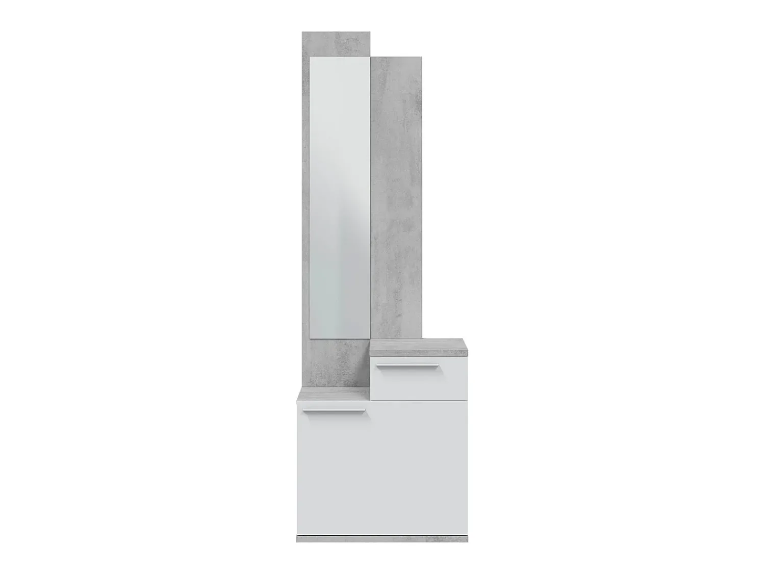 Dmora Móvel de entrada Dner, Sapateira multifuncional com espelho, Roupeiro com 1 porta e 1 gaveta, 61x28h185 cm, Cimento e Branco Brilhante^ Móvel De Entrada