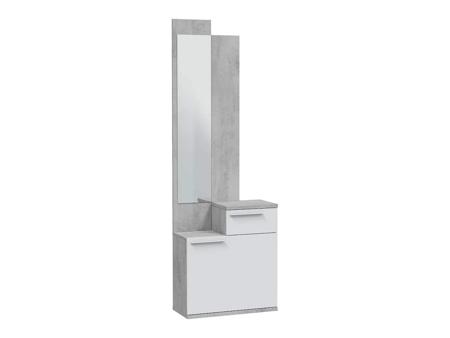 Dmora Móvel de entrada Dner, Sapateira multifuncional com espelho, Roupeiro com 1 porta e 1 gaveta, 61x28h185 cm, Cimento e Branco Brilhante^ Móvel De Entrada