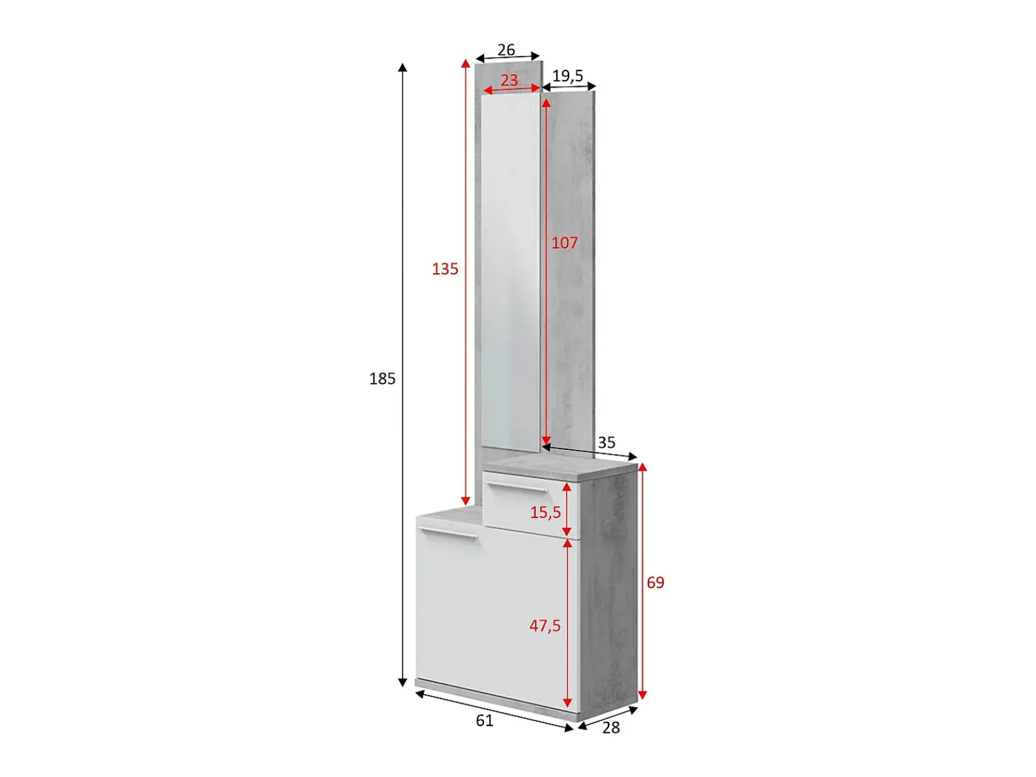 Dmora Móvel de entrada Dner, Sapateira multifuncional com espelho, Roupeiro com 1 porta e 1 gaveta, 61x28h185 cm, Cimento e Branco Brilhante^ Móvel De Entrada