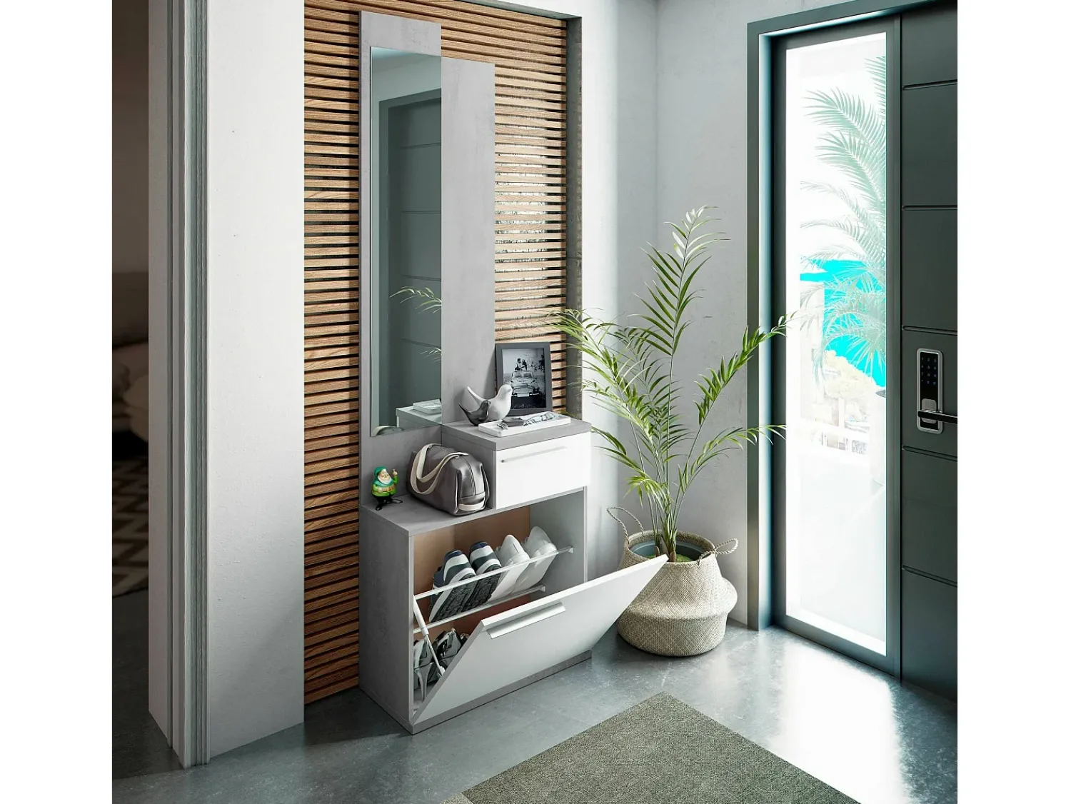 Dmora Móvel de entrada Dner, Sapateira multifuncional com espelho, Roupeiro com 1 porta e 1 gaveta, 61x28h185 cm, Cimento e Branco Brilhante^ Móvel De Entrada