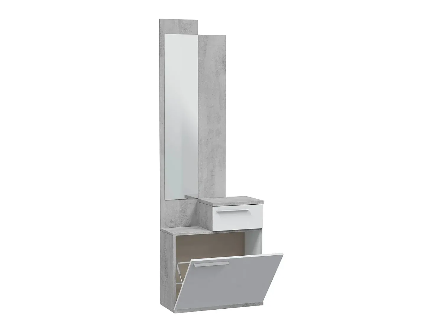 Dmora Móvel de entrada Dner, Sapateira multifuncional com espelho, Roupeiro com 1 porta e 1 gaveta, 61x28h185 cm, Cimento e Branco Brilhante^ Móvel De Entrada