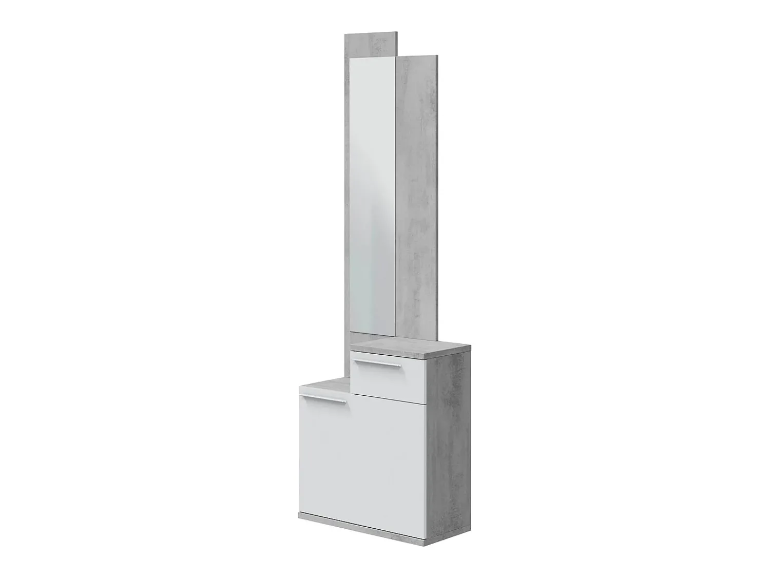 Dmora Móvel de entrada Dner, Sapateira multifuncional com espelho, Roupeiro com 1 porta e 1 gaveta, 61x28h185 cm, Cimento e Branco Brilhante^ Móvel De Entrada