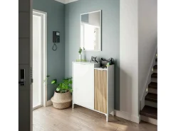 Outlet Dmora Móvel de entrada Dodd, Entrada com 2 portas, Roupeiro com espelho, Arrumação multifuncional, 77x24h91 cm, e Carvalho Branco