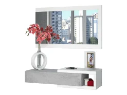 Consola*Dmora Móvel de entrada Mcallen, Entrada reversível com espelho, Móvel de hall com gaveta, Bandeja de bolso para apartamentos, 95x26h69 cm, e Cimento Branco