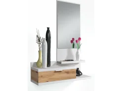Dmora Móvel de entrada Tijuana, Entrada com espelho e gaveta, Esvaziador de bolsos para hall de entrada de apartamentos pequenos, 81x29h116 cm, Carvalho e nodoso Branco