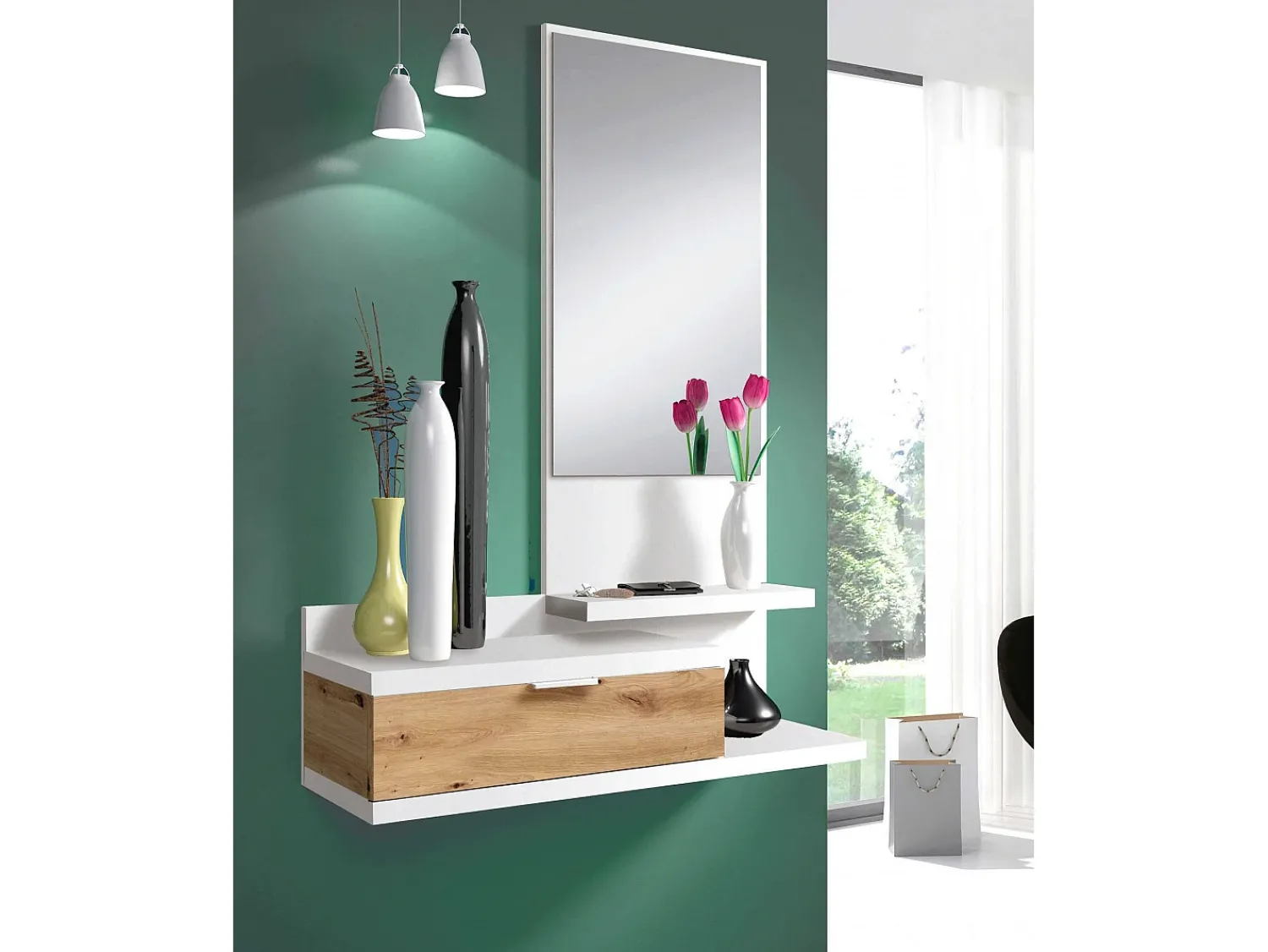 Dmora Móvel de entrada Tijuana, Entrada com espelho e gaveta, Esvaziador de bolsos para hall de entrada de apartamentos pequenos, 81x29h116 cm, Carvalho e nodoso Branco