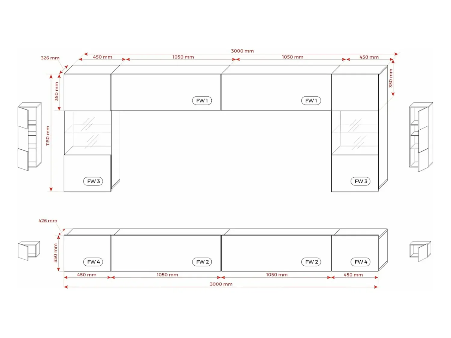 Móvel De Tv| Móvel de parede: 10 portas, 20 prateleiras, , largura: 300 cm, altura: AJUSTÁVEL, profundidade: 42 cm Branco