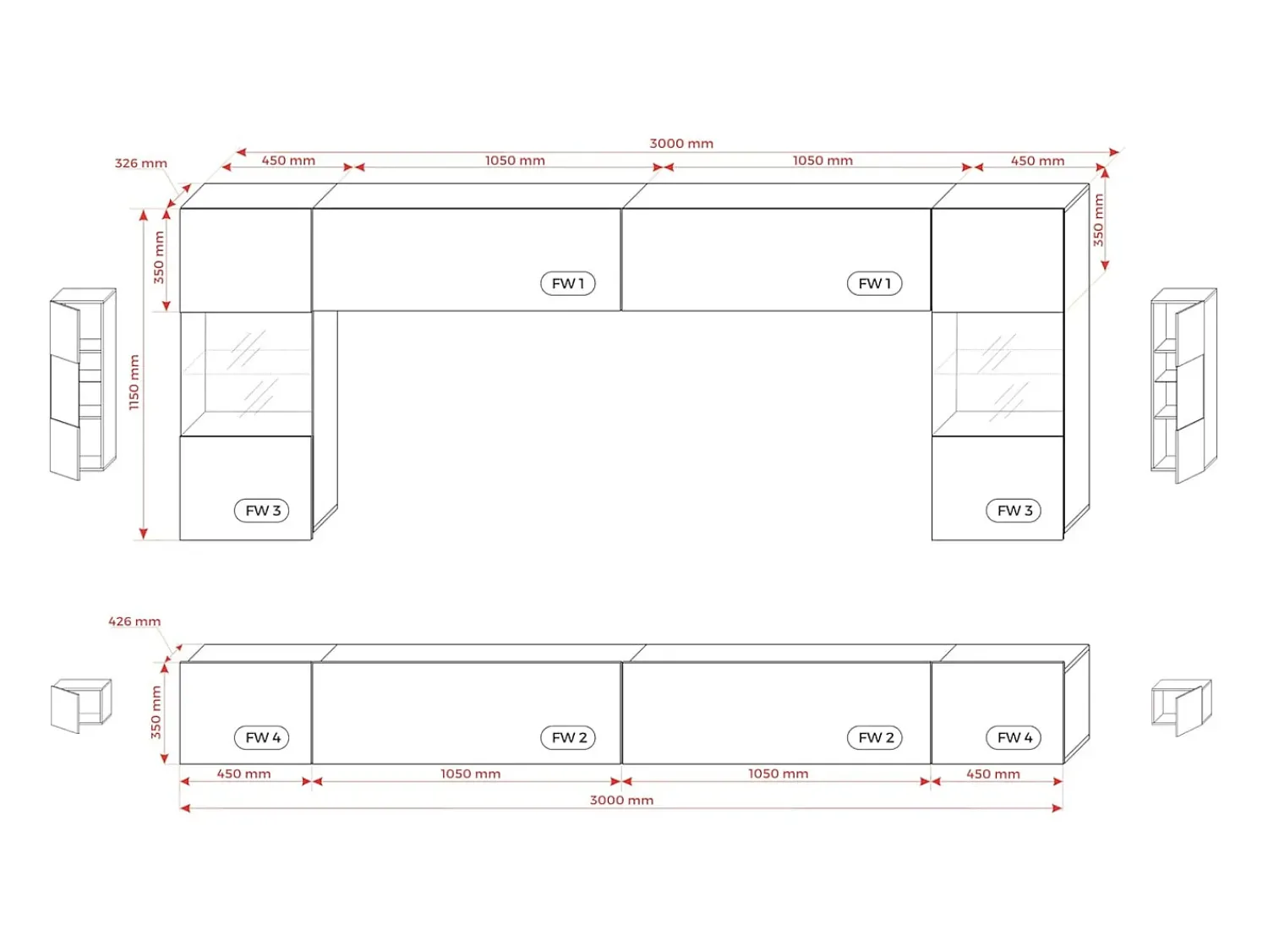 Móvel de parede: 10 portas, 20 prateleiras, / Preto Brilhante, largura: 300 cm, altura: AJUSTÁVEL, profundidade: 42 cm^ Móvel De Tv