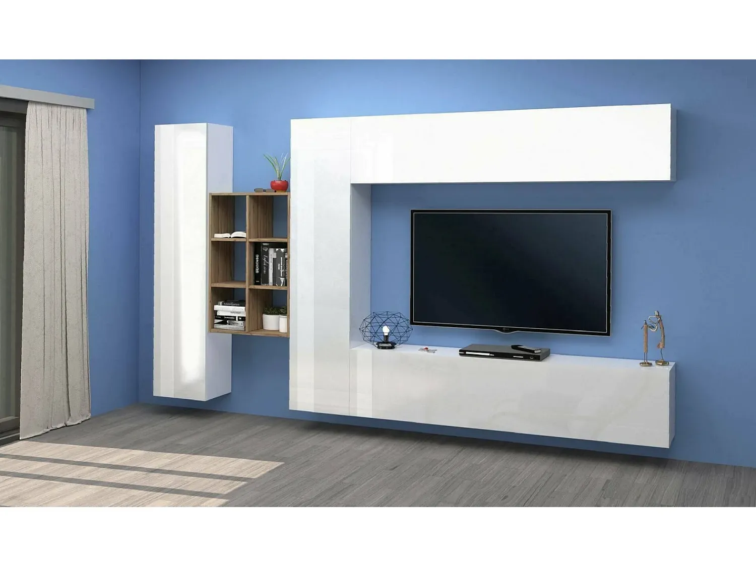 Móvel De Tv*Dmora Móvel de parede Danilo, conjunto de sala de TV com 4 portas, móveis de sala multiuso, 100% fabricado na Itália, 280x30h180 cm, brilhante e bordo Branco