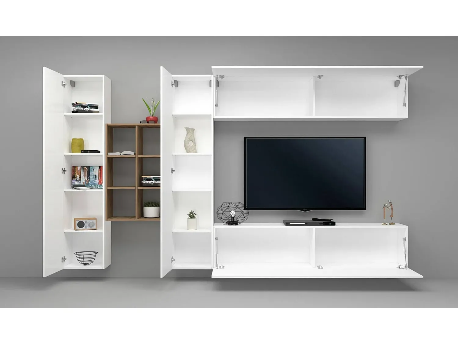 Móvel De Tv*Dmora Móvel de parede Danilo, conjunto de sala de TV com 4 portas, móveis de sala multiuso, 100% fabricado na Itália, 280x30h180 cm, brilhante e bordo Branco