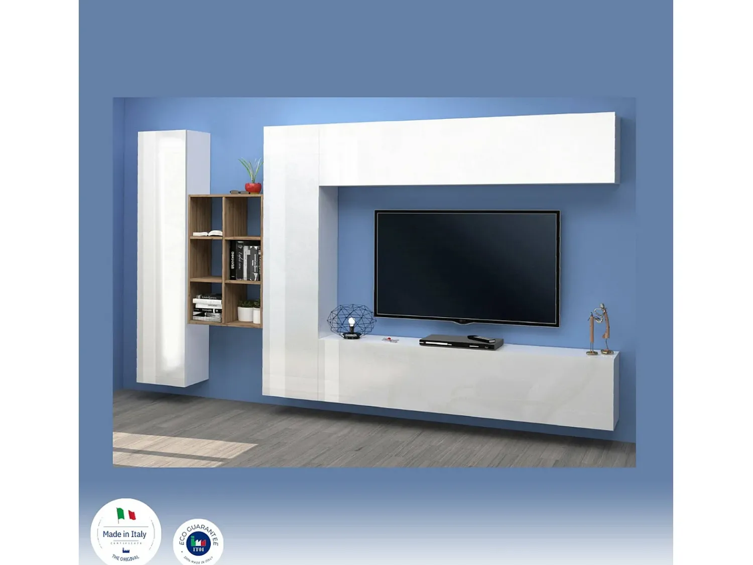 Móvel De Tv*Dmora Móvel de parede Danilo, conjunto de sala de TV com 4 portas, móveis de sala multiuso, 100% fabricado na Itália, 280x30h180 cm, brilhante e bordo Branco