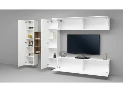 Móvel De Tv*Dmora Móvel de parede Danilo, conjunto de sala de TV com 4 portas, móveis de sala multiuso, 100% fabricado na Itália, 280x30h180 cm, brilhante e bordo Branco