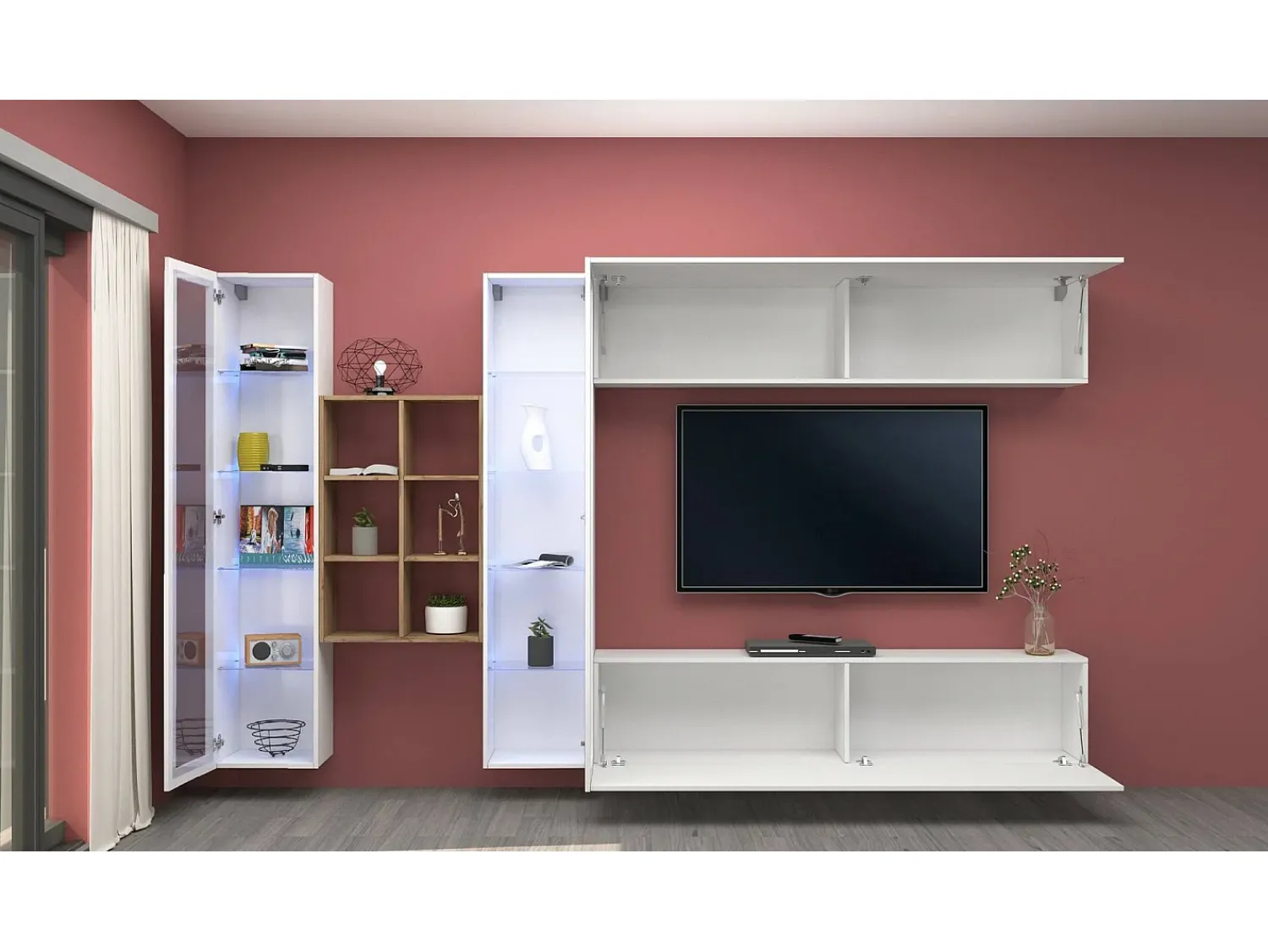 Móvel De Tv*Dmora Móvel de parede Dcaprin, conjunto de sala de TV com 4 portas, móveis de sala multiuso, 100% fabricado na Itália, 280x30h180 cm, brilhante e bordo Branco