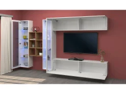 Móvel De Tv*Dmora Móvel de parede Dcaprin, conjunto de sala de TV com 4 portas, móveis de sala multiuso, 100% fabricado na Itália, 280x30h180 cm, brilhante e bordo Branco