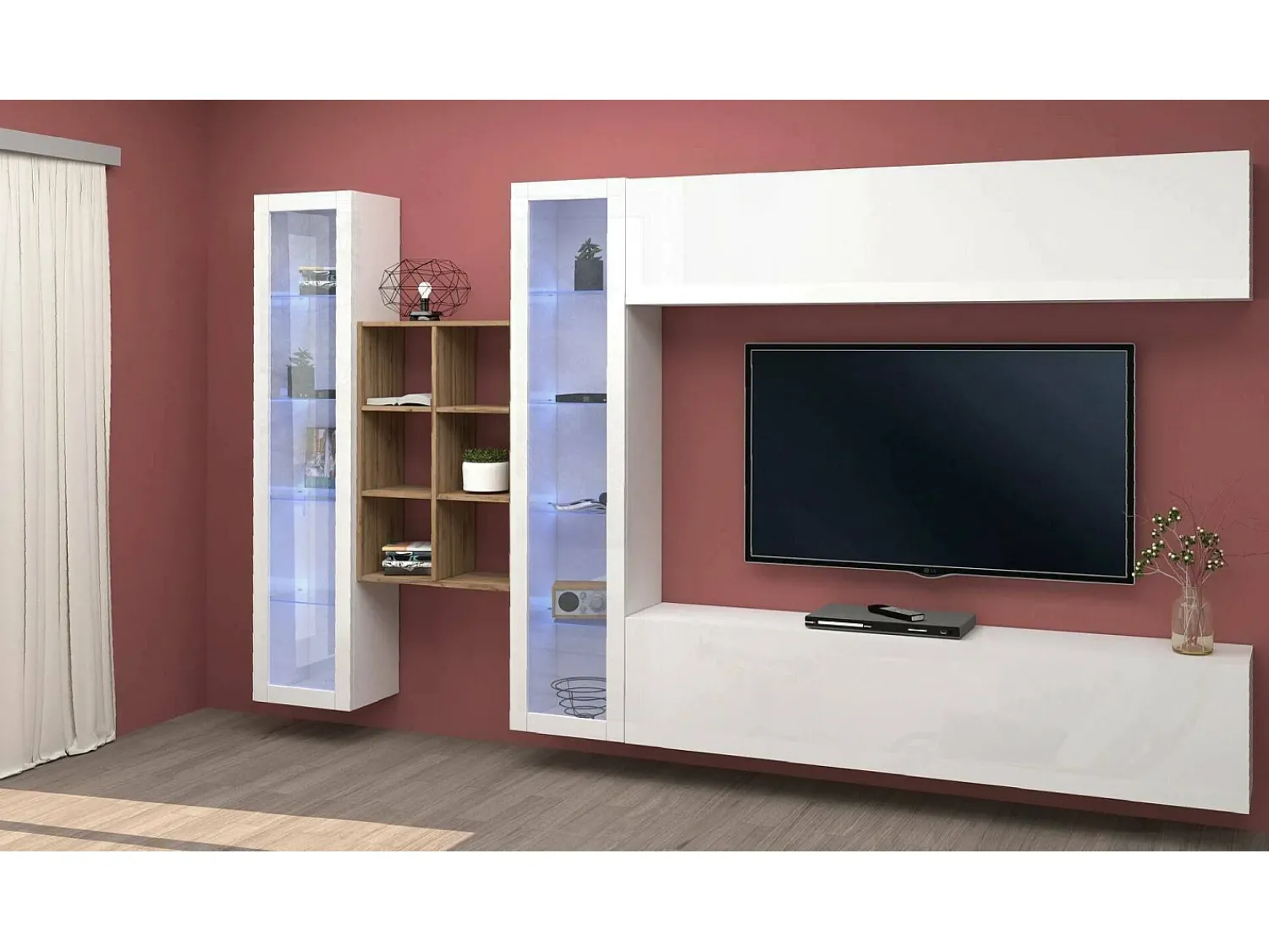 Móvel De Tv*Dmora Móvel de parede Dcaprin, conjunto de sala de TV com 4 portas, móveis de sala multiuso, 100% fabricado na Itália, 280x30h180 cm, brilhante e bordo Branco