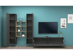 Dmora Móvel de parede Dcola, conjunto de sala de TV com 3 portas, móveis de sala multiuso, 100% Fabricado na Itália, 320x30h180 cm, Antracite e Bordo^ Móvel De Tv