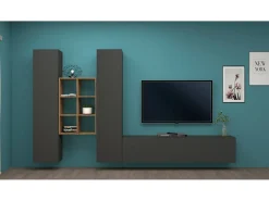 Dmora Móvel de parede Dcola, conjunto de sala de TV com 3 portas, móveis de sala multiuso, 100% Fabricado na Itália, 320x30h180 cm, Antracite e Bordo^ Móvel De Tv
