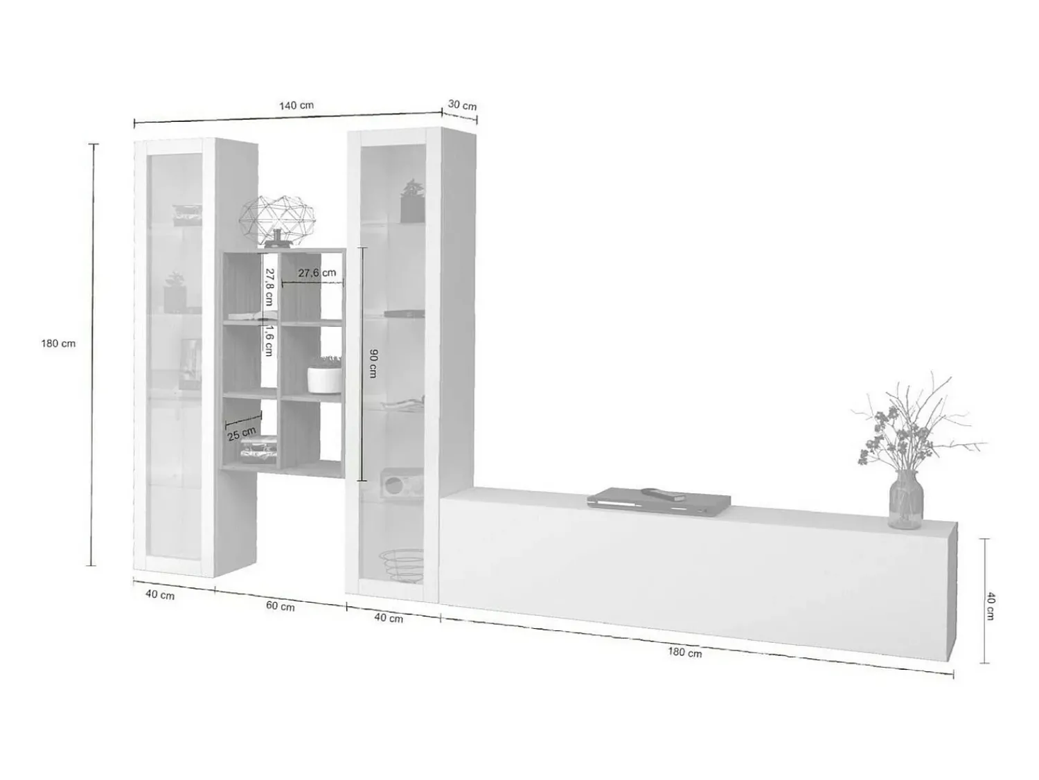 Móvel De Tv*Dmora Móvel de parede Dcorrei, móvel de sala de TV com 3 portas, móvel de sala multiuso com vitrine e luz LED, 100% Fabricado na Itália, 320x30h180 cm, brilhante Branco