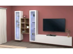 Móvel De Tv*Dmora Móvel de parede Dcorrei, móvel de sala de TV com 3 portas, móvel de sala multiuso com vitrine e luz LED, 100% Fabricado na Itália, 320x30h180 cm, brilhante Branco