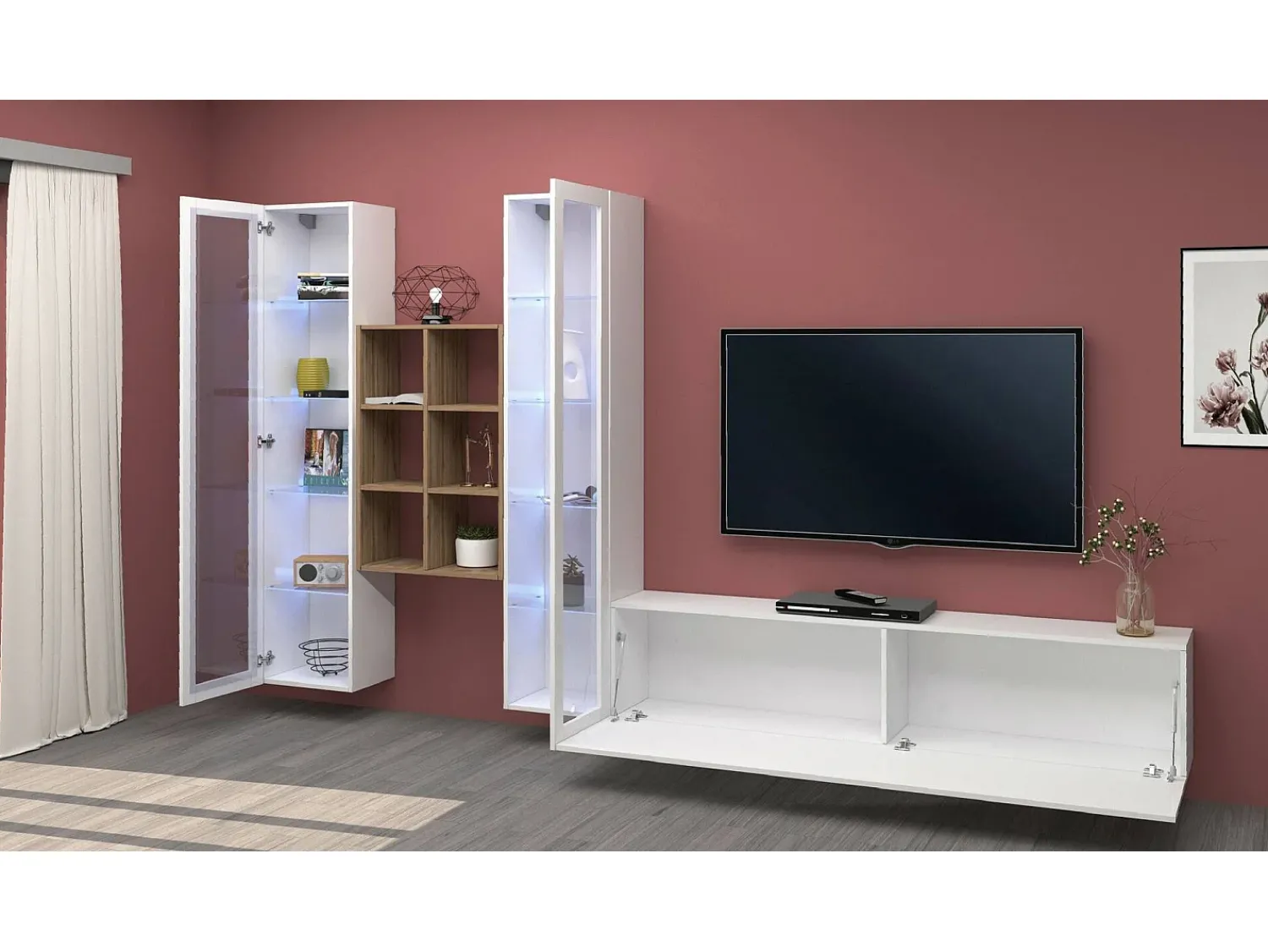 Móvel De Tv*Dmora Móvel de parede Dcorrei, móvel de sala de TV com 3 portas, móvel de sala multiuso com vitrine e luz LED, 100% Fabricado na Itália, 320x30h180 cm, brilhante Branco